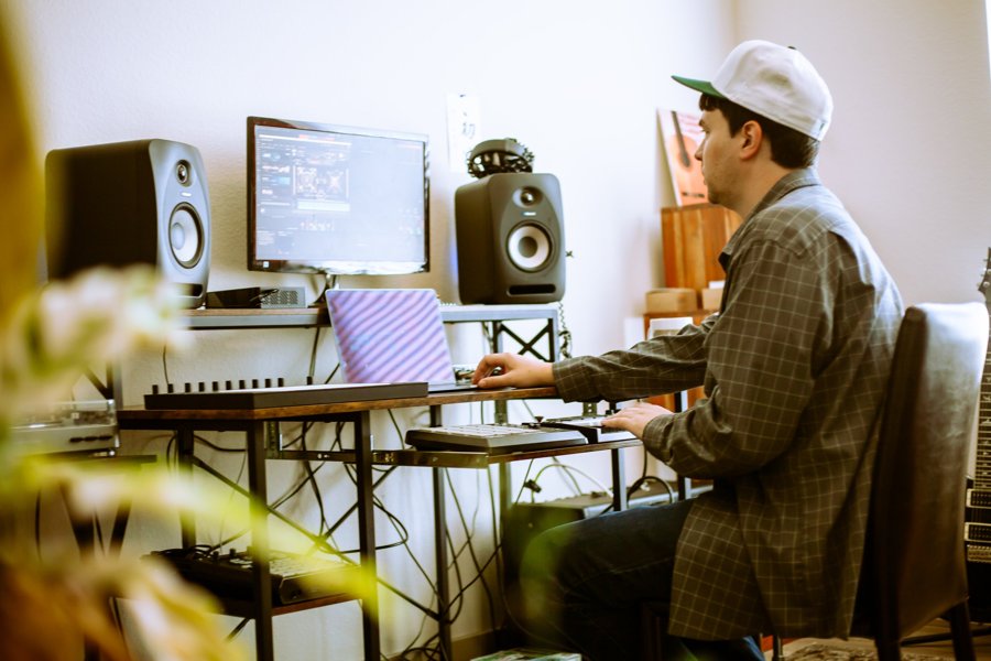 Sam at his studio production desk